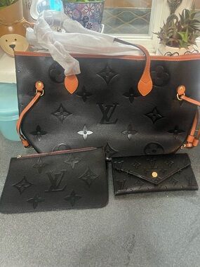 Louis Vuitton style Black Tote with Brown Trim and Matching Pouch & Wallet